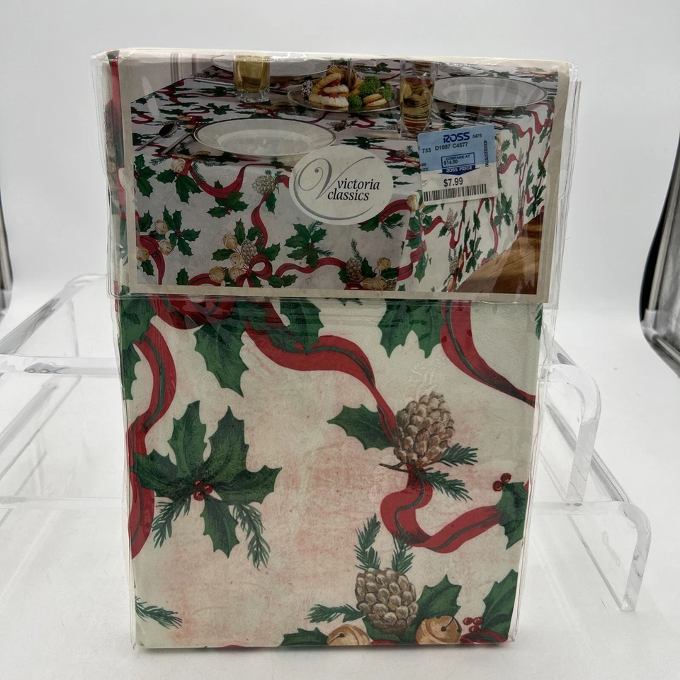 Victoria Classics Ribbon Bell Tablecloth Red Green Christmas Holiday 70” Round - Image 2 of 4