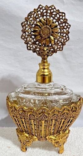 Vanity Perfume Bottle Filigree Ormolu Metal Glass Rose Flower Dauber Vintage - Picture 4 of 6