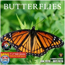 RED EMBER Butterflies 2026 Mini Wall Calendar 12 Month | 7" x 14"