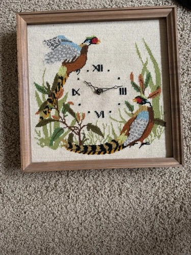 MCM Cross Stitch Framed Pheasants Clock Vintage