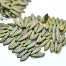 25 Beads - 5x16mm Dagger Matte Wasabi Rye, Green, Laser - Czech Glass Beads