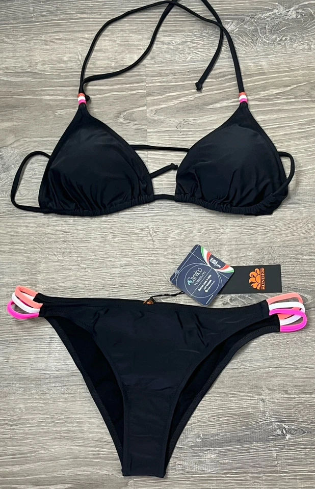 Sundek Swimwear Bikini 2 Piece XXL Cheeky Bottom XL Triangle Top Bead Black Pink - Image 3 of 4