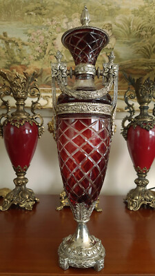 Antike Baccarat geschliffene Glas böhmische Preiselbeere Vase mit Silber Verzierungen