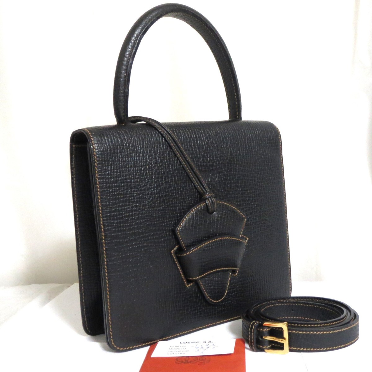 Auth Loewe Madrid 1846 Black Leather Hand bag purse w/Shoulder 