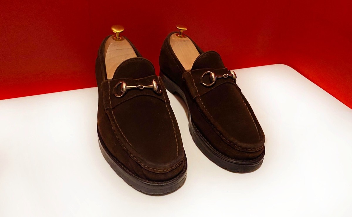 $899.00 !! GUCCI RARE MEN'S RUSTY BROWN SUEDE VIBRAM SOLE LOAFERS