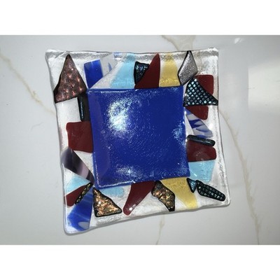 Fused glass plate mosaic of rainbow colored triangles Signed Rebecca Hellman
