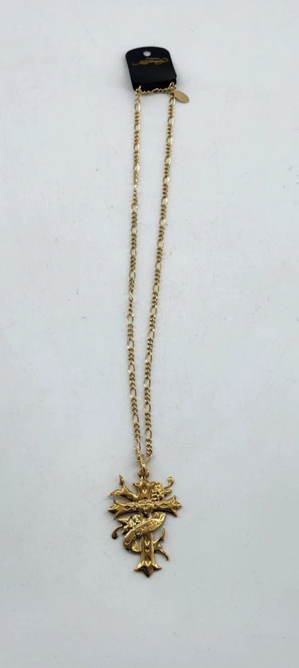 NUEVA Cadena Figaro Ed Hardy Para Hombre Tono Dorado con Colgante Cruz 2.5" Foto 4 de 4