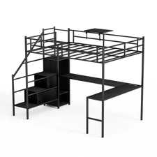 Full Size Metal Loft Bed w/L-shaped Desk，LED Lights，Charging Cradle，LED Loft Bed