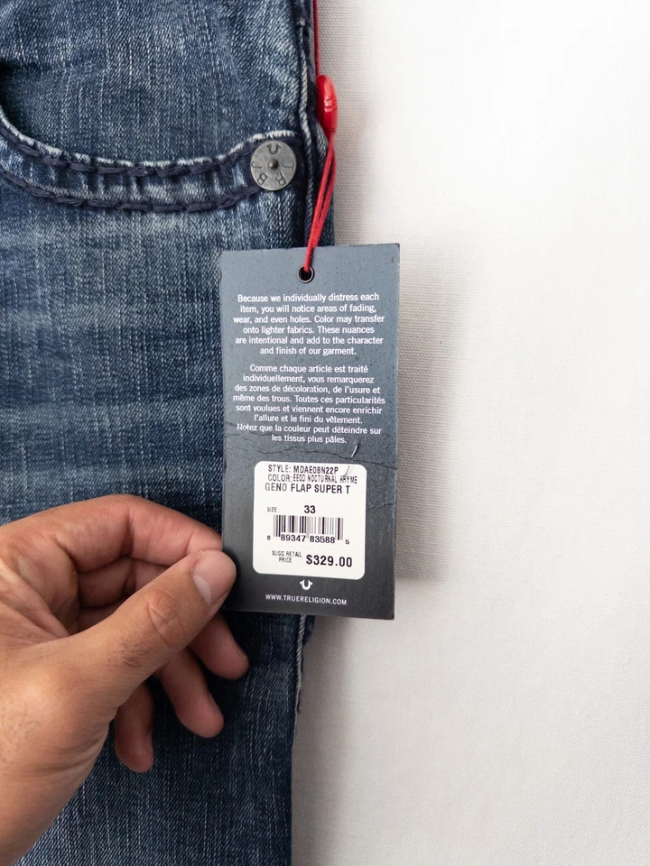 Pantalones de mezclilla True Religion para hombre 33 Geno solapa Super T lavado oscuro bordados nuevos con etiquetas Foto 2 de 4