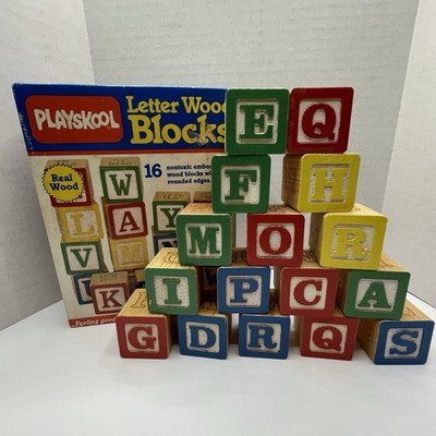 Vintage 1986 Playskool Letter Wood Blocks Set Embossed ABC Number Cubes Toy USA