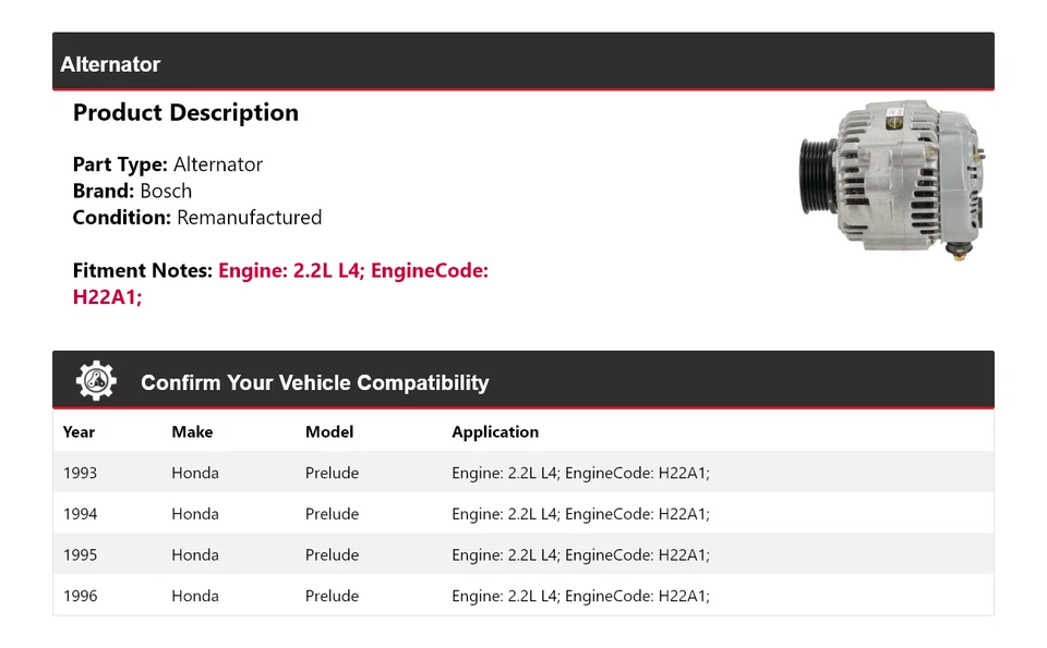 Alternador Bosch para Honda Prelude 1993-1996 2,2 L L4 (remanufacturado) 1994 1995 Foto 2 de 4