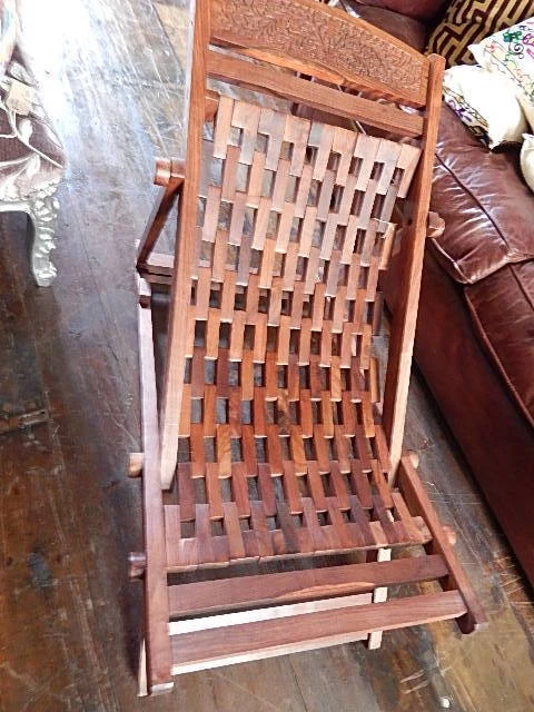 Pair Garden Deck Chairs Hand Made Solid Wood Carved Patio Folding