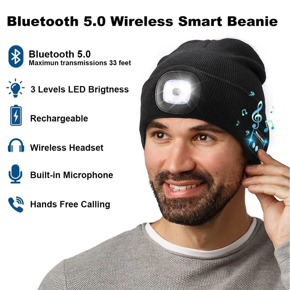 Bluetooth LED Beanie Hat with Music Speakers Mic Rechargeable Cap Head Lamp Gift - Image 2 of 4