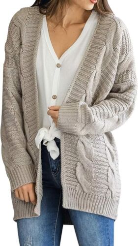 Omoone Womens Long Sleeve Open Loose Cable Knit Solid Sweater Cardigan, Grey, M