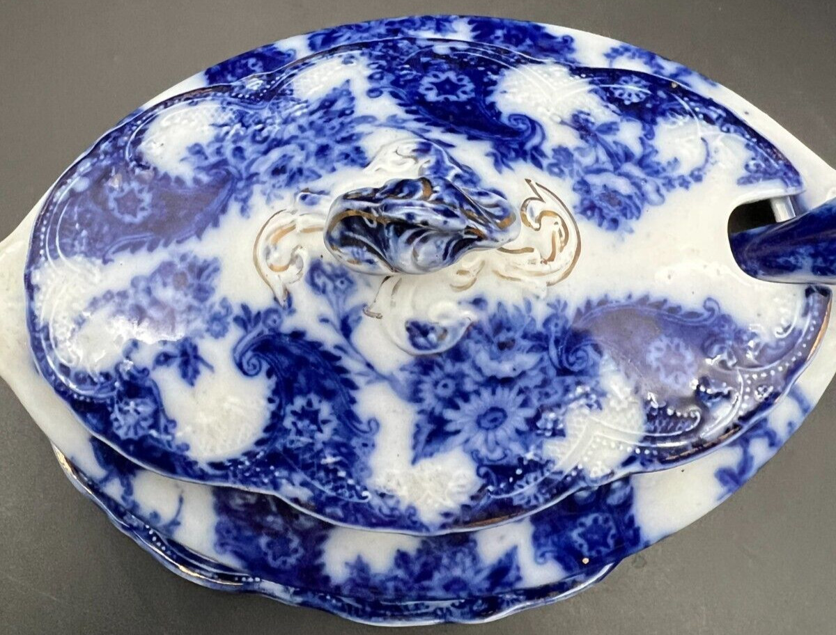 Flow Blue Lois Covered Vegetable Sauce Dish Tureen with Spoon 1891-1907