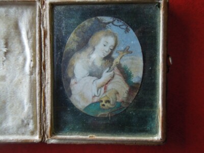 J4799  ANTIQUE RELIC MOMENTO MORI MINIATURE EARLY PAINTING   FRANCE? SEE DESCRIP