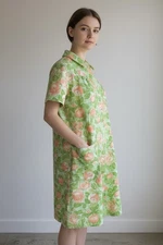 VTG Grunge House Coat Dress Collar Twee Floral Green Orange Pockets Medium