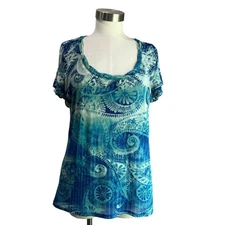 Y2K Axcess Mesh Blue & Green Floral Short Sleeve Blouse Size XL