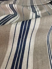 Heavyweight 100% Linen Ticking – Flax & SEA BLUE Stripe – HERRINGBONE – 60" Wide