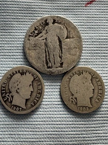 Standing Liberty Quarter & 2 Barbara Dimes