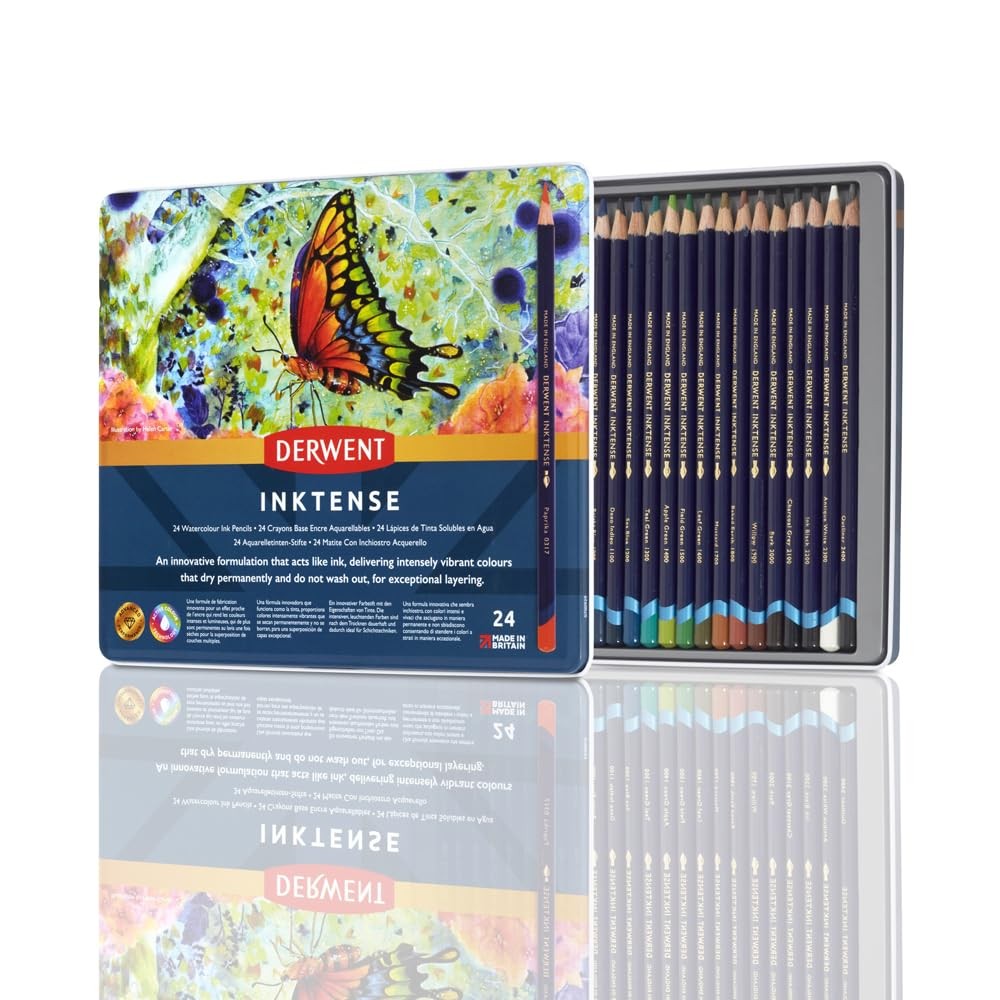 Derwent Colored Pencils, Inktense Ink Pencils, Drawing, Art, Metal Tin, 24 Count