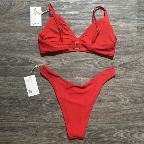 Neu mit Etikett Quince Medium italienisches Bikinioberteil V-Ausschnitt hoher Bund Unterteil rot Bademode - Bild 3 von 12