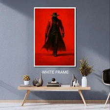 Red Cowboy Silhouette Framed Art Print - Dark Western Gunman Wall Poster
