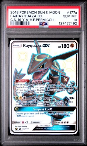 2018 POKEMON SUN & MOON CELESTIAL STORM #177A FULL ART/RAYQUAZA GX PSA 10
