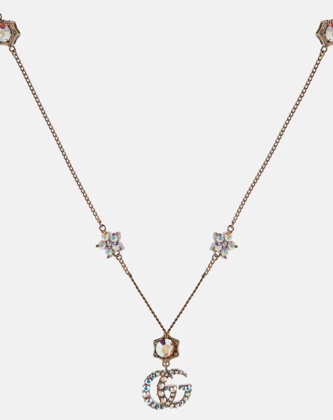 Gucci Marmont Aurora Borealis Crystal Aged Gold Tone Floral Chain Necklace $910 - Image 4 of 4