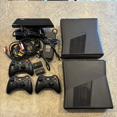 Xbox 360 S Lot 2 Consoles, 3 Controllers, Kinect, Nyko, Cables, Tested Working