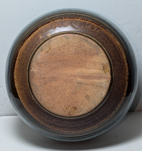 Vintage MCM PIC USA Art Pottery Squat Bulbous 4" Earth Tones Teal Blue Brown - Picture 5 of 8