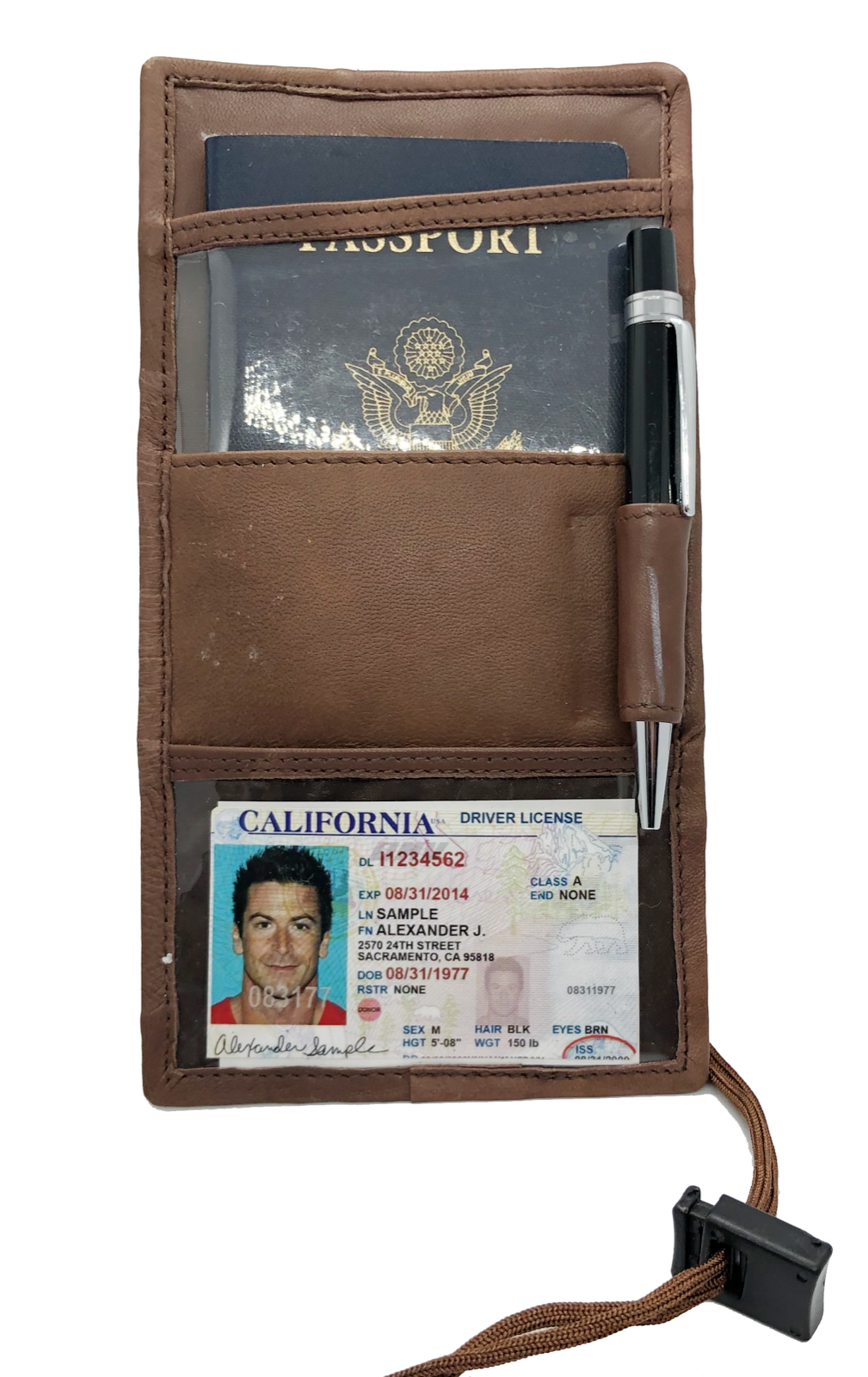 Brown Genuine Leather Passport Wallet with Lanyard for Travel-image