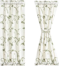 VOGOL Beige Curtains for Door Windows, Green Vines Embroidery Small Short Window