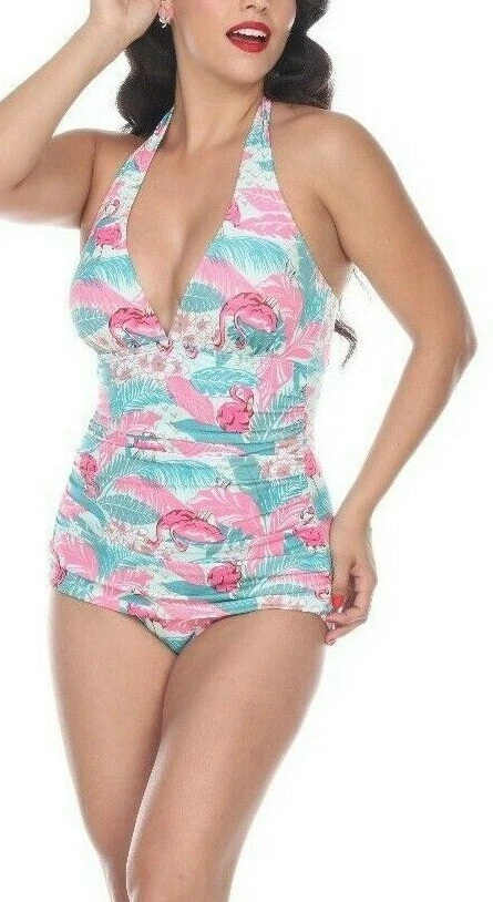 BETTIE PAGE PINK FLAMINGO Swimsuit Ruched pinup TROPICAL v-NECK  SIZE 4 NEW - Image 2 of 4