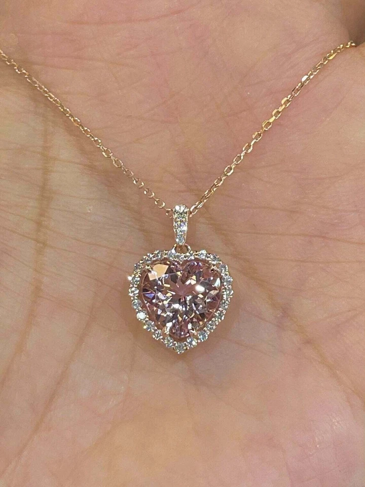 2Ct Heart Cut Morganite Promise Halo Pendant 14K Rose Gold Finish Free Chain - Image 2 of 4