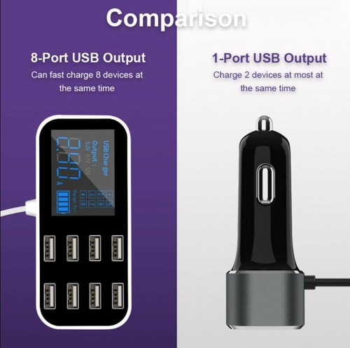Car Charger 8-Port USB fast charging LCD Display Adapter USB Hub for phone/ipad - Photo 5 sur 13