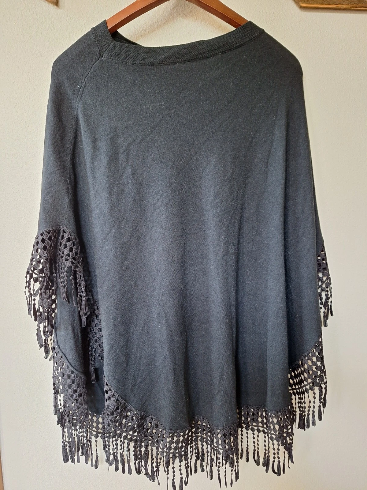 Soft Surroundings Womens Black Sweater Fringe Crocheted Poncho. One Size