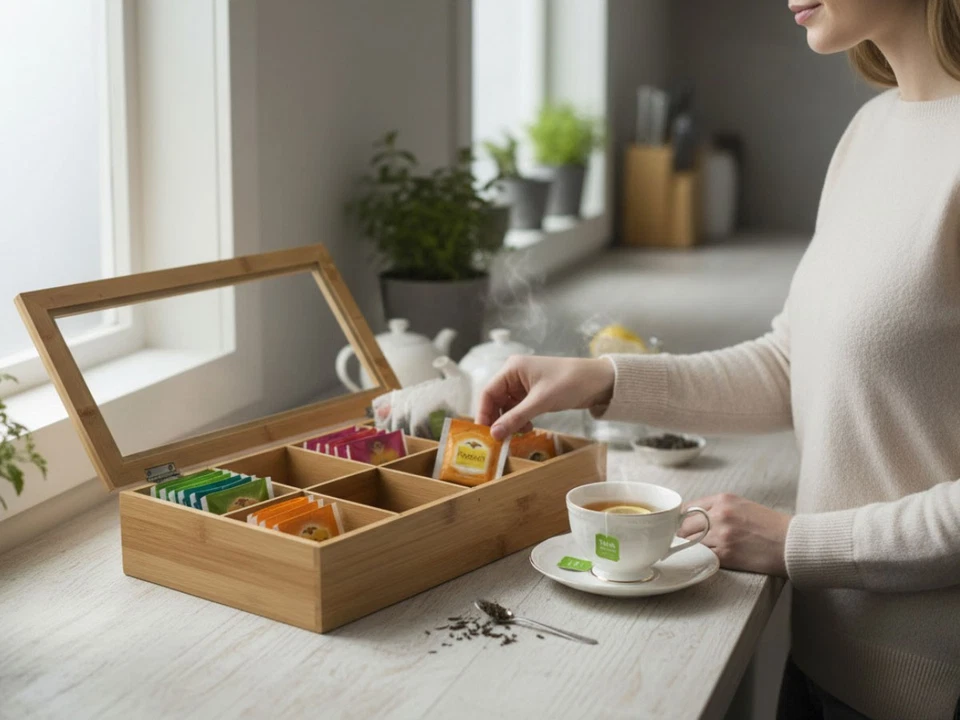 Teebox aus Holz 8 Fächer Aufbewahrungsbox Box Teekiste Teekasten Schmuckkiste - Bild 4 von 4