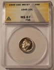 1949 Roosevelt Dime MS67 FB ANACS Toned