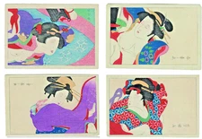 Set of Four Antique Japanese Ukiyo-e Shunga Prints on Washi Paper