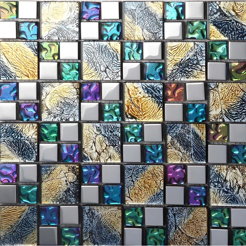Mosaico de vidro azulejo iridescente azul, roxo e dourado texturizado cromado parede metálica... - Imagem 4 de 4