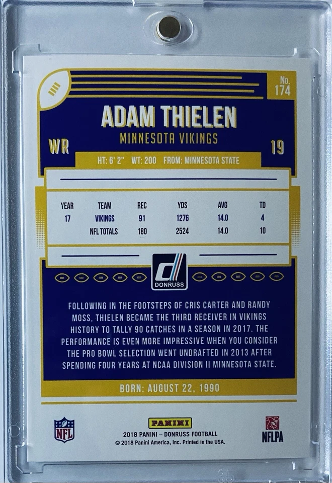 2018 Donruss Football Base # 174 Adam Thielen - Minnesota Vikings - Image 2 of 2