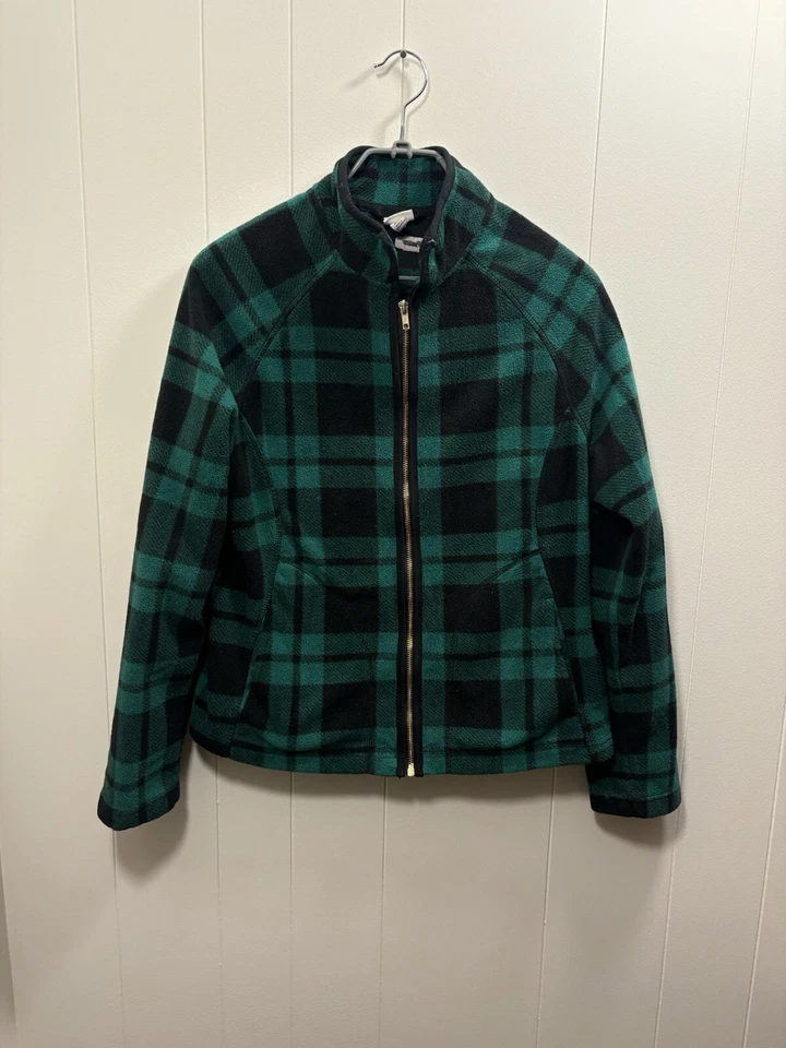 Chaqueta Top Merona Mujer Mediana Polar Cremallera Completa Verde A Cuadros Invierno Navidad Foto 2 de 4