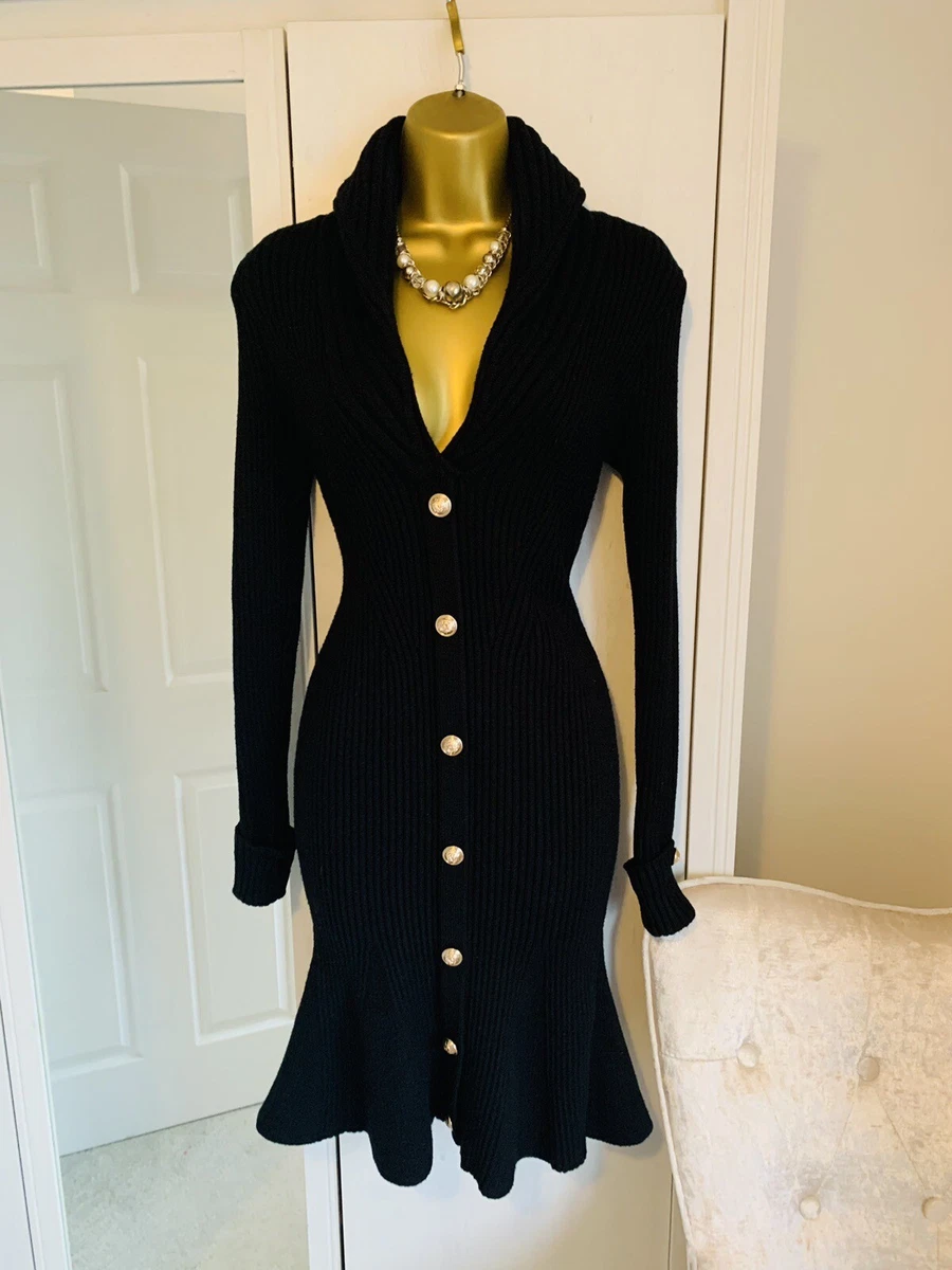 Karen Millen Black Knitted Ribbed Military Jumper Dress Size M