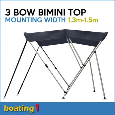 3 Bow 1.3m-1.5m Blue Boat Bimini Top Canopy Cover With Rear Poles & Sock - image 1 of 4