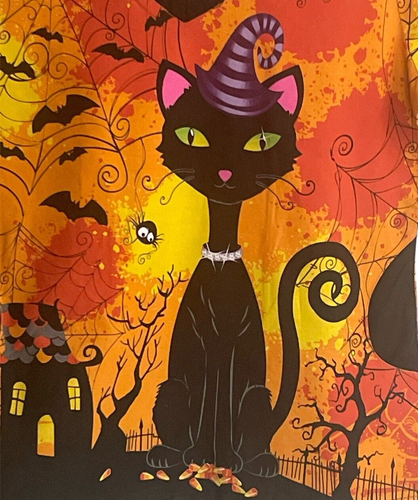 UA Scrub Top Halloween Holiday Size S Small Black Cat Haunted House Bats - Picture 3 of 4
