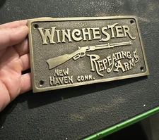Winchester Sign Plaque Gun Gunsmith Rifle Collector Patina Hunter USA BRASS GIFT