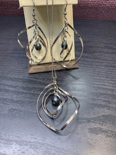 Vintage Pendant necklace Pierced earring set Silver Grey Freshwater Pearl 20” - 第 2/12 張圖片