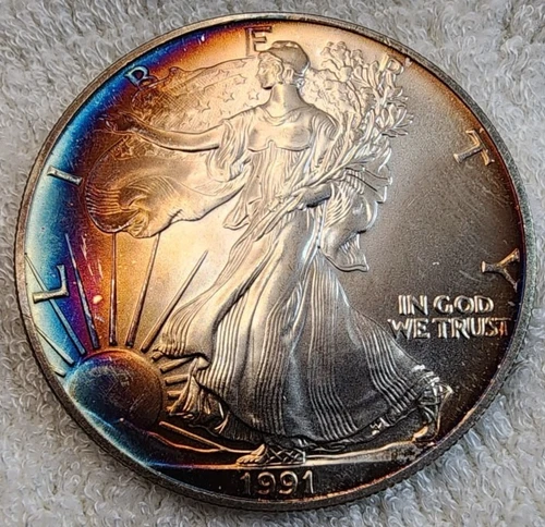 1991 American silver Eagle Dollar Uncirculated 1 oz Silver Coin Crescent Toned