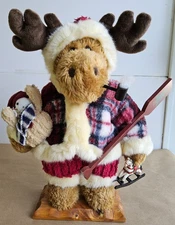 17" tall Vintage Moose - plush on wood look stand, dressed for the holidays